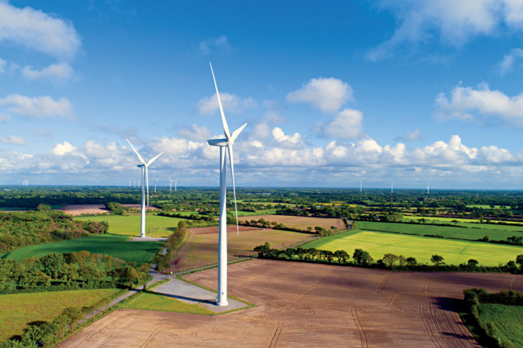 Aerial photo of wind turbines in the countryside