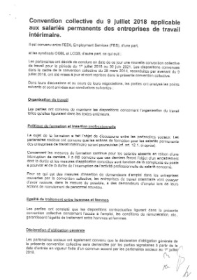 Convention collective du 9 juillet 2018 applicable aux salariés permanents des entreprises de travail intérimaire.